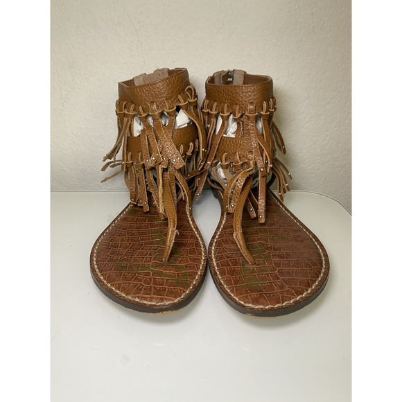 Sam Edelman Griffen Saddle Leather Gladiator Sandals Size 8 Brown Fringe Zip Up - Picture 1 of 16